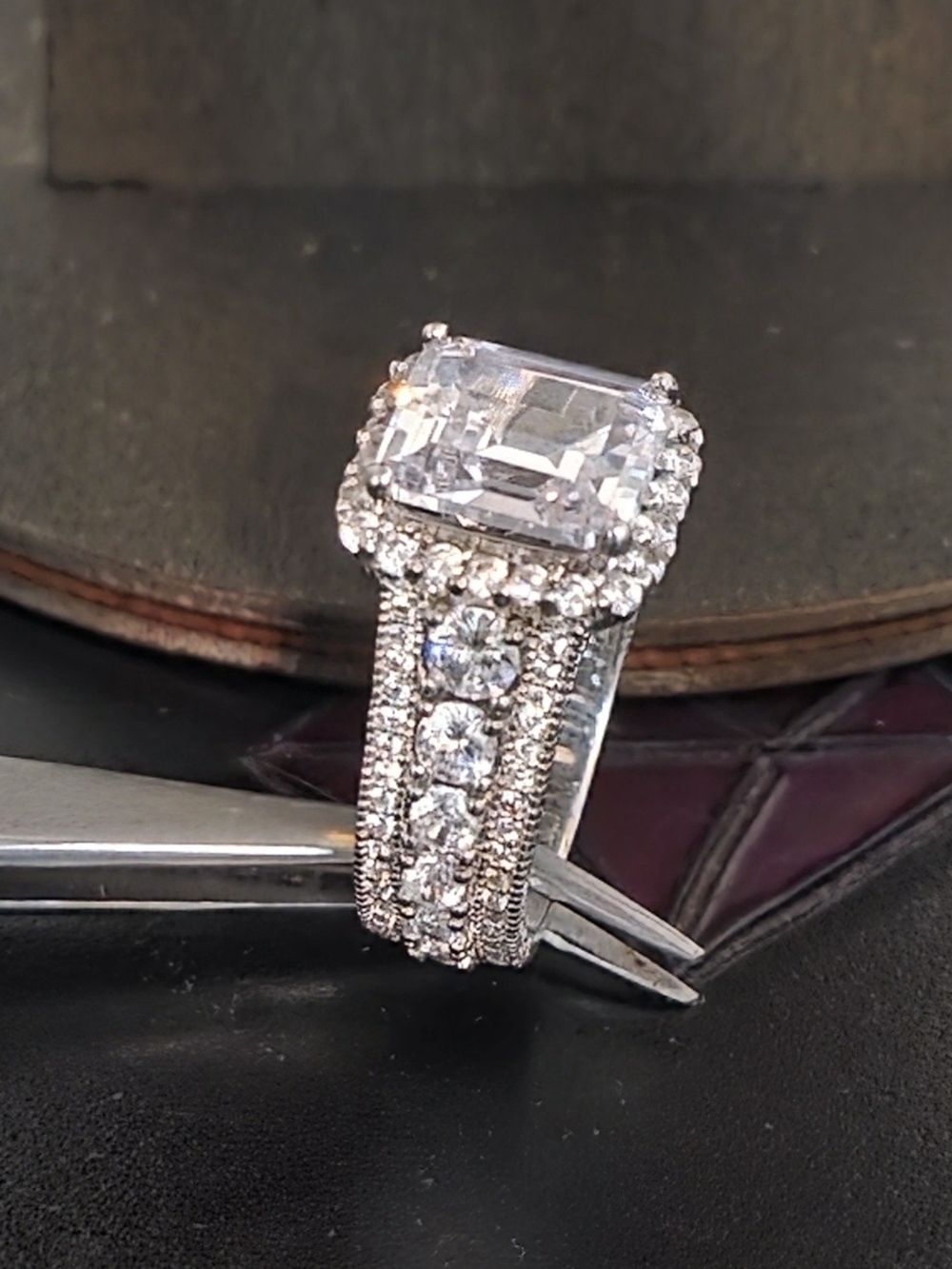 JTV 925 Sterling Silver Emerald-Cut Clear Halo Statement Ring - Picture 3 of 6